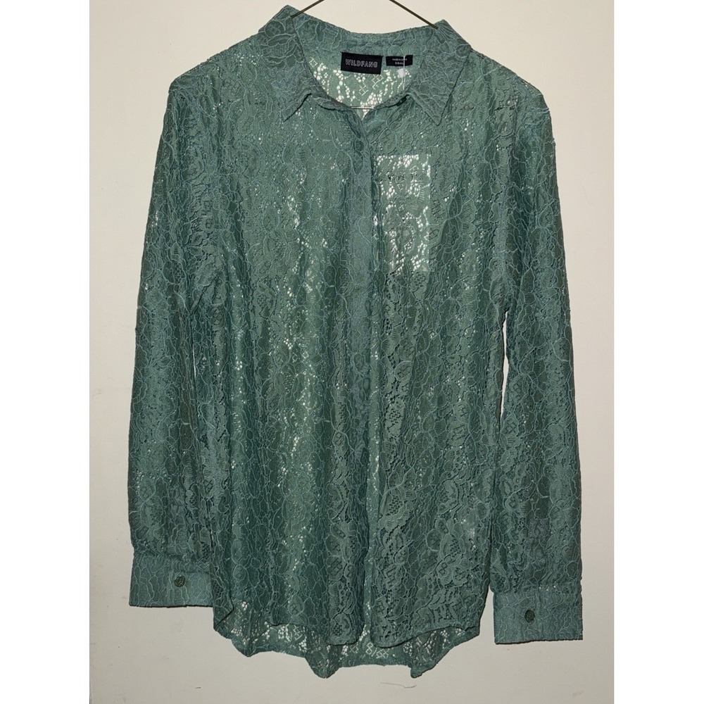 WildFang Lace Long Sleeve Button Up Shirt Small Floral Sage Green Sheer NWT